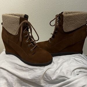 Evolve Easy Spirit Everett Wedge Booties, Brown, Women's 11 M Winter Faux Fur